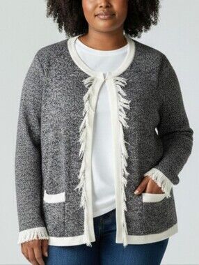 Hampshire Studio Womens Gray Open Front Cardigan Sweater Fringe Trim Size L